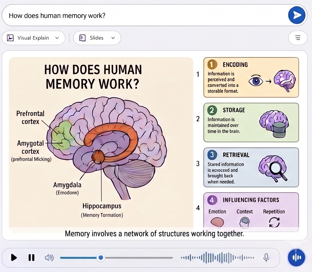 Tubelight dual-channel visual learning panel showing brain memory stages diagram, numbered steps, and live waveform audio narration.