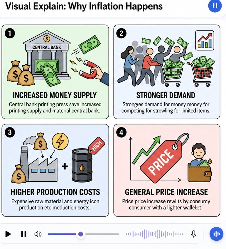 Tubelight interactive slides interface: Four numbered visual cards breaking down complex concepts with audio narration playback.