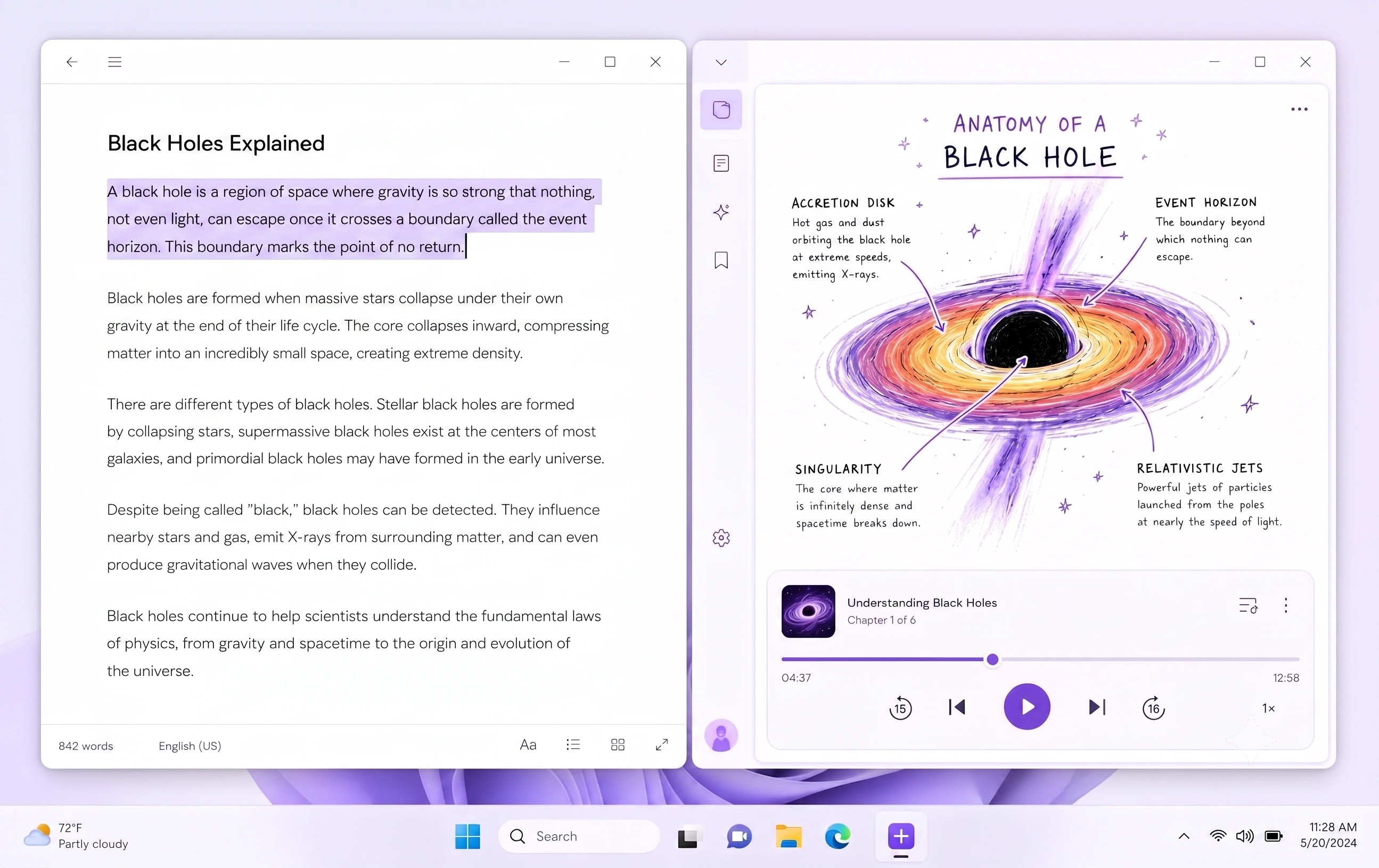 Tubelight visual learning platform: A document about black holes on the left half of a Windows desktop, with the Tubelight UI panel open on the right showing a drawn vector diagram of the Anatomy of a Black Hole and synchronized audio player narration.